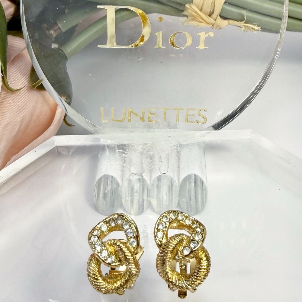 Christian Dior Vintage Gold Plated Crystal Interlocking Loop Clip-On Earrings